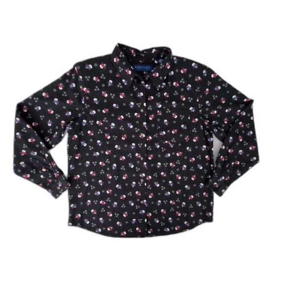 Vintage Karen Scott Snowman Print Christmas Button-Down Black Shirt Sz L Holiday - Picture 2 of 10